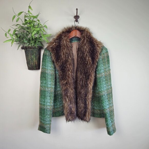 Harve Benard Jackets & Blazers - Vintage Harve Benard Fur Collared Trim Wool Blend Green Tweed Blazer Jacket 6